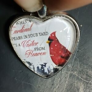 Heart cardinal bird visitor from heaven silvertone necklace